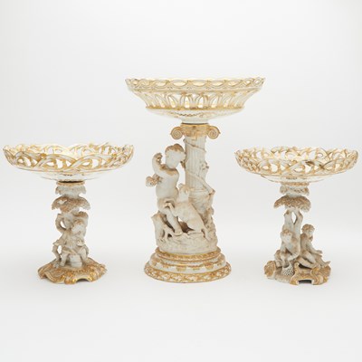 Lot 150 - Assembled English Gilt-Decorated Porcelain Six-Piece Figural Table Garniture