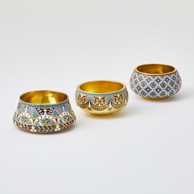 Lot 243 - Three Russian Silver-Gilt and Cloisonné Enamel Salt Cellars