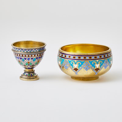 Lot 716 - Two Russian Silver and Champlevé Enamel Articles