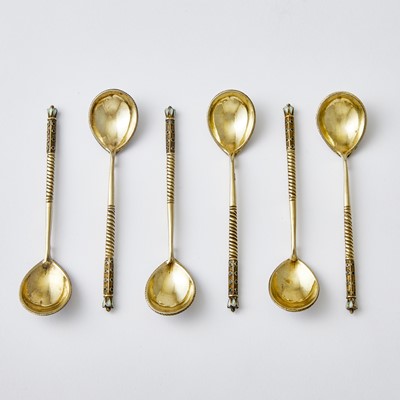 Lot 694 - Set of Six Russian Silver-Gilt and Cloisonné Enamel Spoons