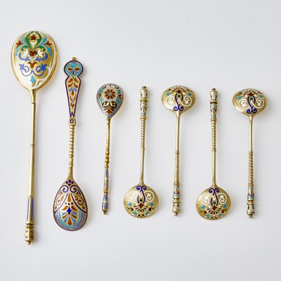 Lot 241 - Group of Seven Russian Silver-Gilt and Champlevé Enamel Spoons