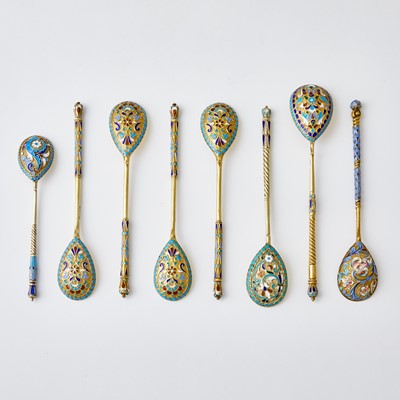 Lot 238 - Group of Eight Russian Silver-Gilt and Cloisonné Enamel Spoons