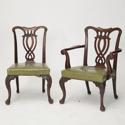 Lot 499 - Set of Six George III Green Leather Upholstered Mahogany Dining Chairs