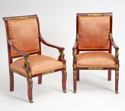 Lot 303 - Pair of Empire Style Gilt-Metal Mounted Mahogany Armchairs
