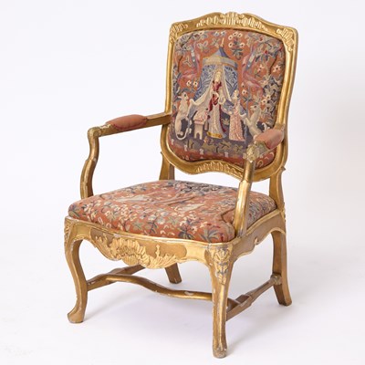 Lot 290 - Louis XIV / XV Regence Style Needlepoint Upholstered Giltwood Fauteuil