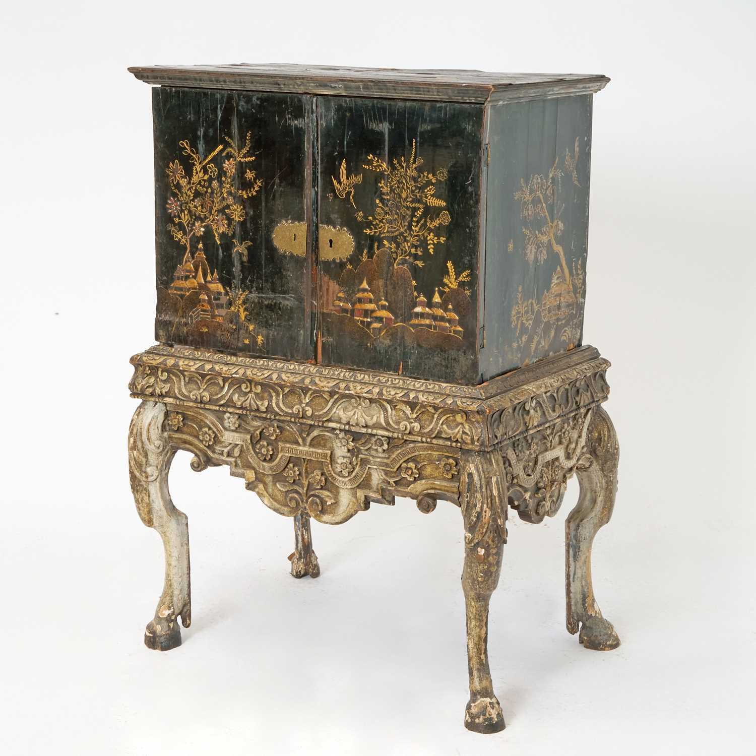 Lot 184 - Black Lacquer Chinoiserie Decorated Cabinet on Carved Wood Stand