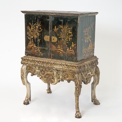 Lot 173 - Black Lacquer Chinoiserie Decorated Cabinet on Carved Wood Stand