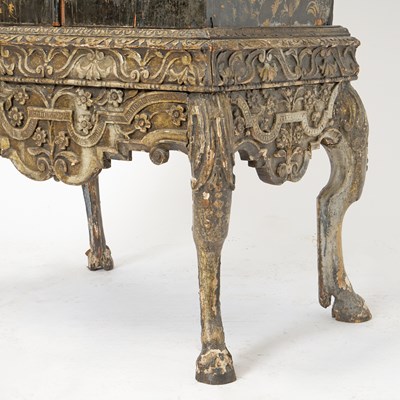 Lot 184 - Black Lacquer Chinoiserie Decorated Cabinet on Carved Wood Stand