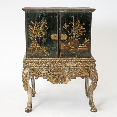 Lot 184 - Black Lacquer Chinoiserie Decorated Cabinet on Carved Wood Stand