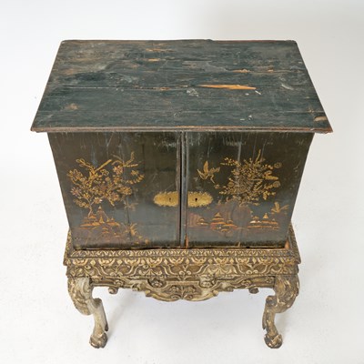 Lot 184 - Black Lacquer Chinoiserie Decorated Cabinet on Carved Wood Stand