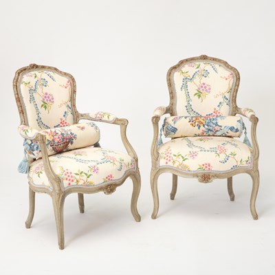 Lot 388 - Pair of Louis XV Grey and Red Painted Fauteuils