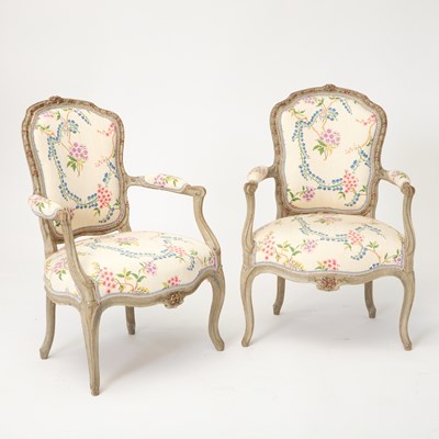 Lot 388 - Pair of Louis XV Grey and Red Painted Fauteuils