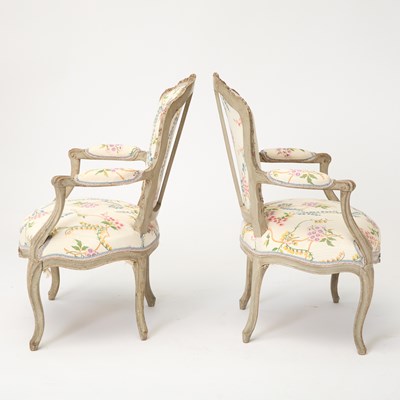 Lot 388 - Pair of Louis XV Grey and Red Painted Fauteuils