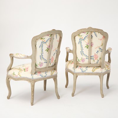 Lot 388 - Pair of Louis XV Grey and Red Painted Fauteuils