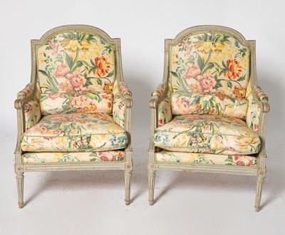 Lot 439 - Pair of Louis XVI Painted Bergères, probably by Claude Chevigny