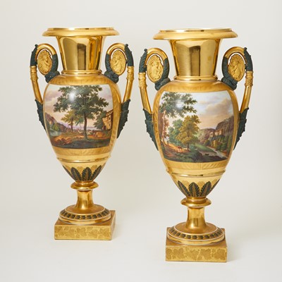 Lot 253 - Pair of Continental Gilt-Decorated Porcelain Two-Handled Vases