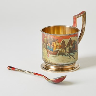 Lot 631 - Russian Red Lacquered Silver Tea Glass Holder and Spoon