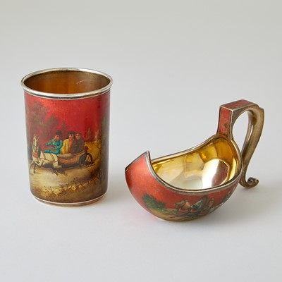 Lot 632 - Russian Red Lacquered Silver Kovsh and Beaker