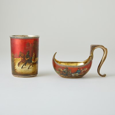 Lot 632 - Russian Red Lacquered Silver Kovsh and Beaker