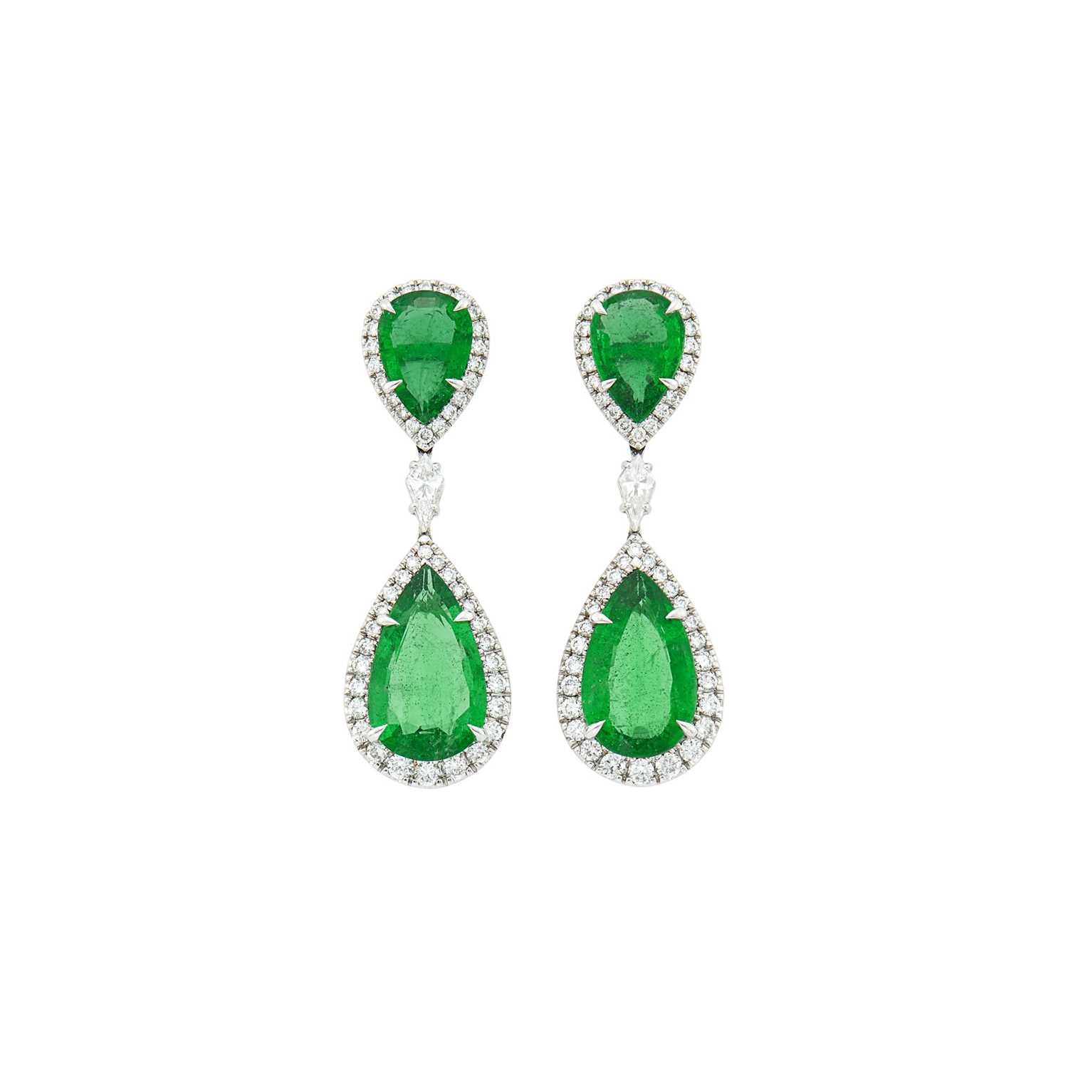 Lot 1159 - Pair of White Gold, Emerald and Diamond Pendant-Earrings