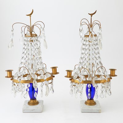 Lot 239 - Pair of Swedish Neoclassical Style Gilt-Metal, Glass and White Marble Two-Light Girandoles