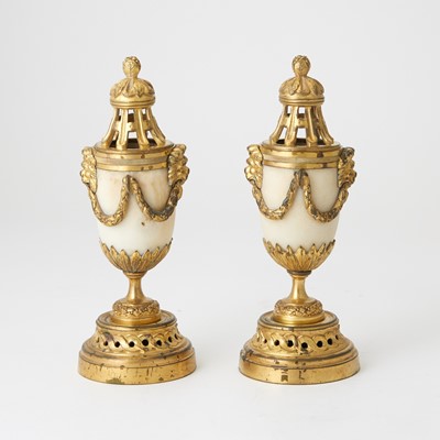 Lot 328 - Pair of Louis XVI Gilt Bronze Mounted and White Marble Cassolettes