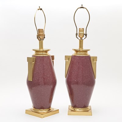 Lot 331 - Pair of Brass and Faux Porphyry Lamps