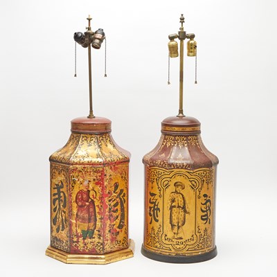 Lot 182 - Two English Painted Tôle Canister Lamps