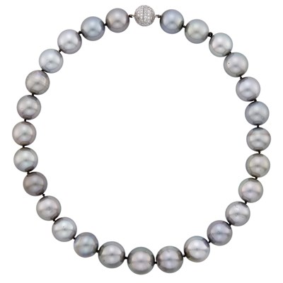 Lot 65 - Tahitian Gray Cultured Pearl Necklace with White Gold and Diamond Ball Clasp