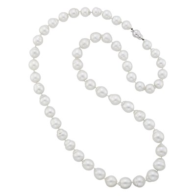 Lot 1062 - Long Semi-Baroque South Sea Cultured Pearl Necklace with White Gold and Diamond Clasp