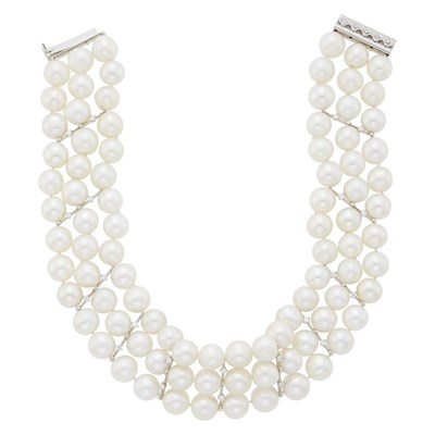 Lot 2182 - Triple Strand White Gold, Freshwater Pearl and Diamond Necklace