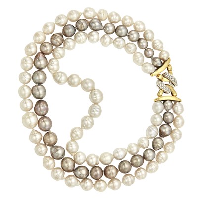 Lot 2033 - Triple Strand Multicolored Baroque Cultured Pearl Necklace with Two-Color Gold and Diamond Clasp