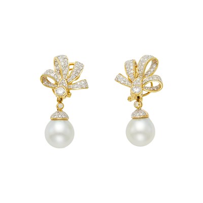 Lot 2107 - Two-Color Gold, Cultured Pearl and Diamond Pendant-Earrings