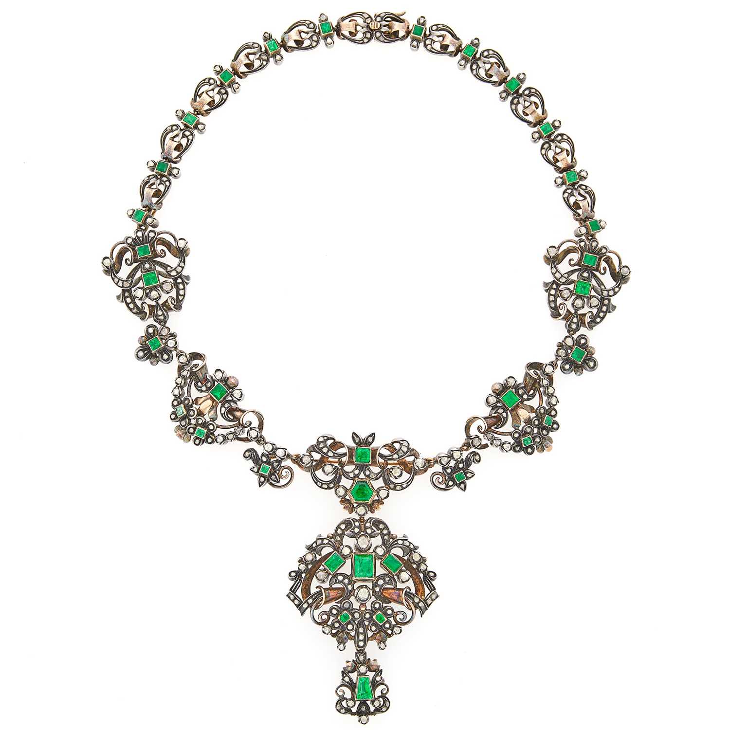 Lot 2152 - Gold, Silver, Emerald and Diamond Pendant-Brooch Necklace