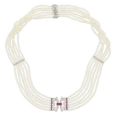 Lot 2176 - Six Strand Freshwater Pearl, White Gold, Ruby and Diamond Necklace