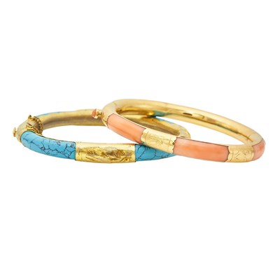 Lot 2090 - Two Gold, Coral and Turquoise Bangle Bracelets