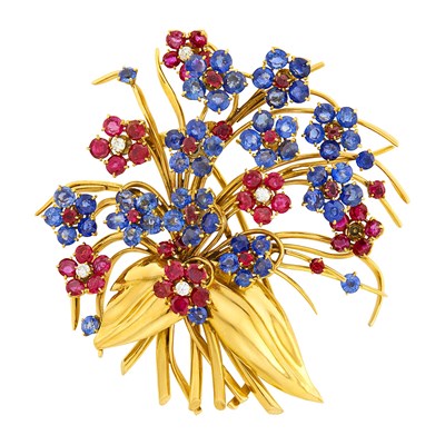 Lot 112 - Van Cleef & Arpels Gold, Diamond, Ruby and Sapphire 'Hawaii' Clip-Brooch, France