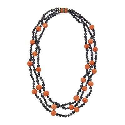 Lot 104 - Cartier Long Triple Strand Black Onyx and Coral Bead Necklace with Gold, Coral, Black Onyx and Diamond Clasp