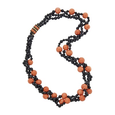 Lot 104 - Cartier Long Triple Strand Black Onyx and Coral Bead Necklace with Gold, Coral, Black Onyx and Diamond Clasp