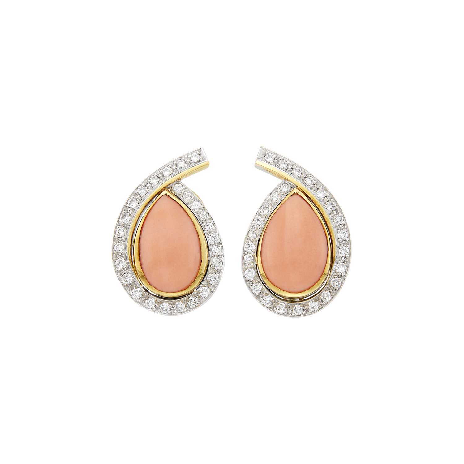 Lot 1111 - Pair of Two-Color Gold, Angel Skin Coral and Diamond Earrings