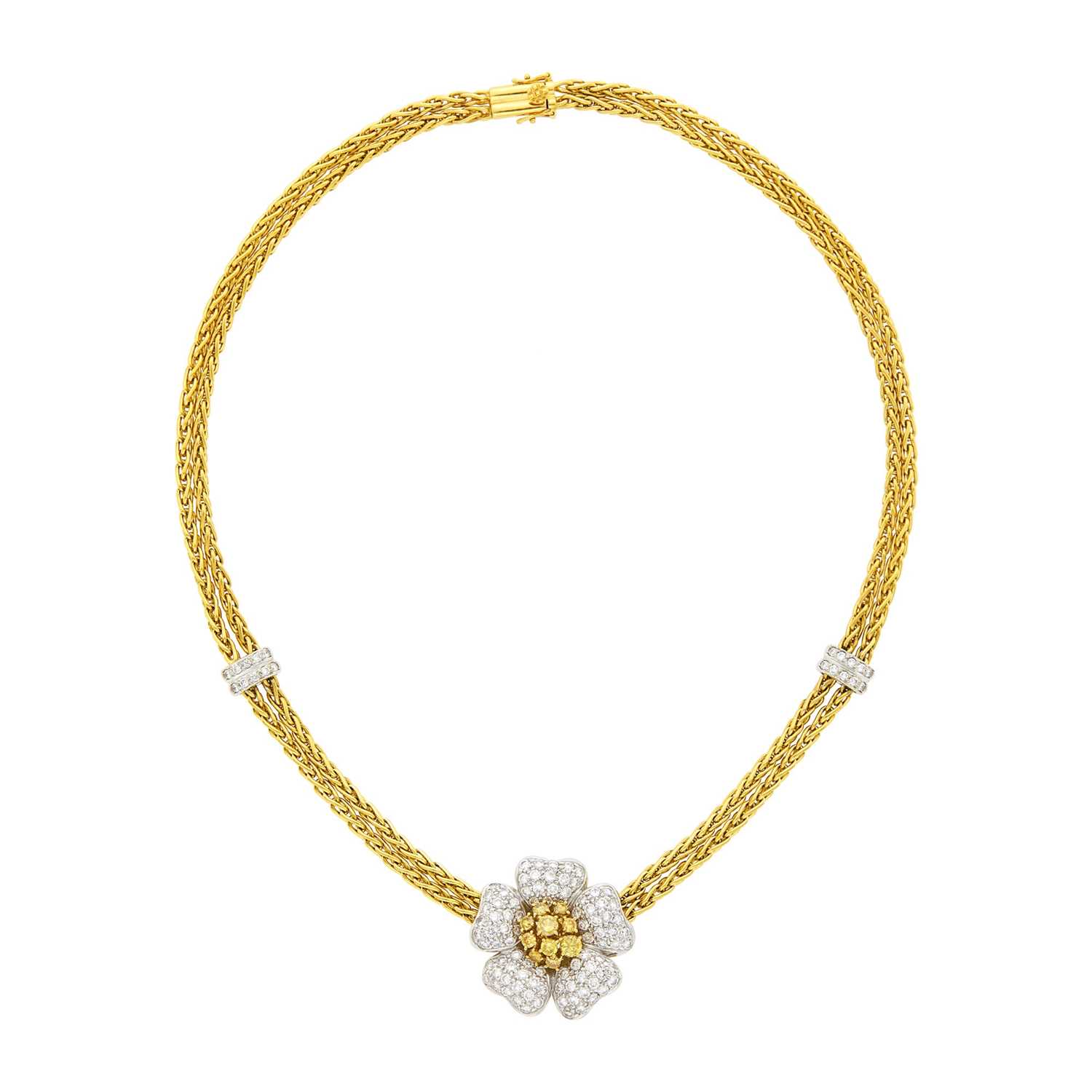 Lot 1146 - Double Strand Two-Color Gold, Colored Diamond and Diamond Flower Enhancer-Brooch Necklace