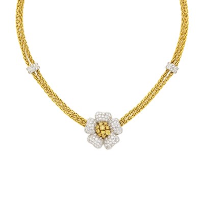 Lot 1146 - Double Strand Two-Color Gold, Colored Diamond and Diamond Flower Enhancer-Brooch Necklace