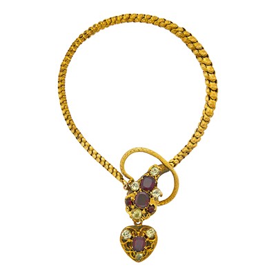 Lot 1085 - Antique Gold, Garnet and Chrysoberyl Snake Link Bracelet