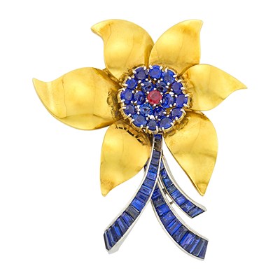 Lot 117 - Gold, Platinum, Sapphire and Ruby Flower Brooch