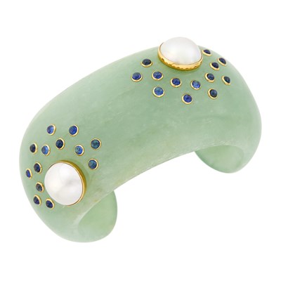 Lot 15 - Jade, Gold, Mabé Pearl and Cabochon Sapphire Cuff Bangle Bracelet