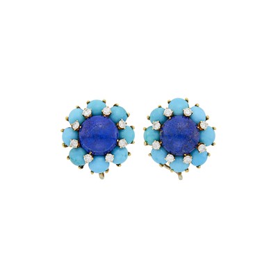 Lot 69 - Cartier Pair of Gold, Lapis, Turquoise and Diamond Earclips