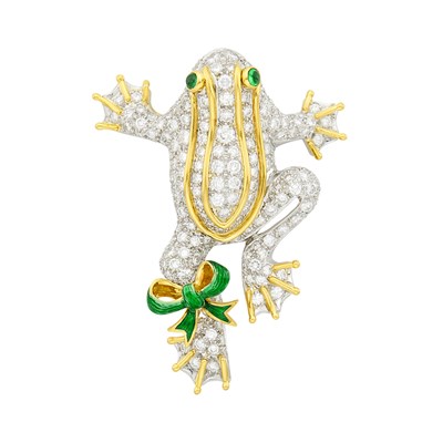 Lot 30 - Donald Claflin for Tiffany & Co. Platinum, Gold, Diamond, Green Enamel and Cabochon Emerald Frog Clip-Brooch