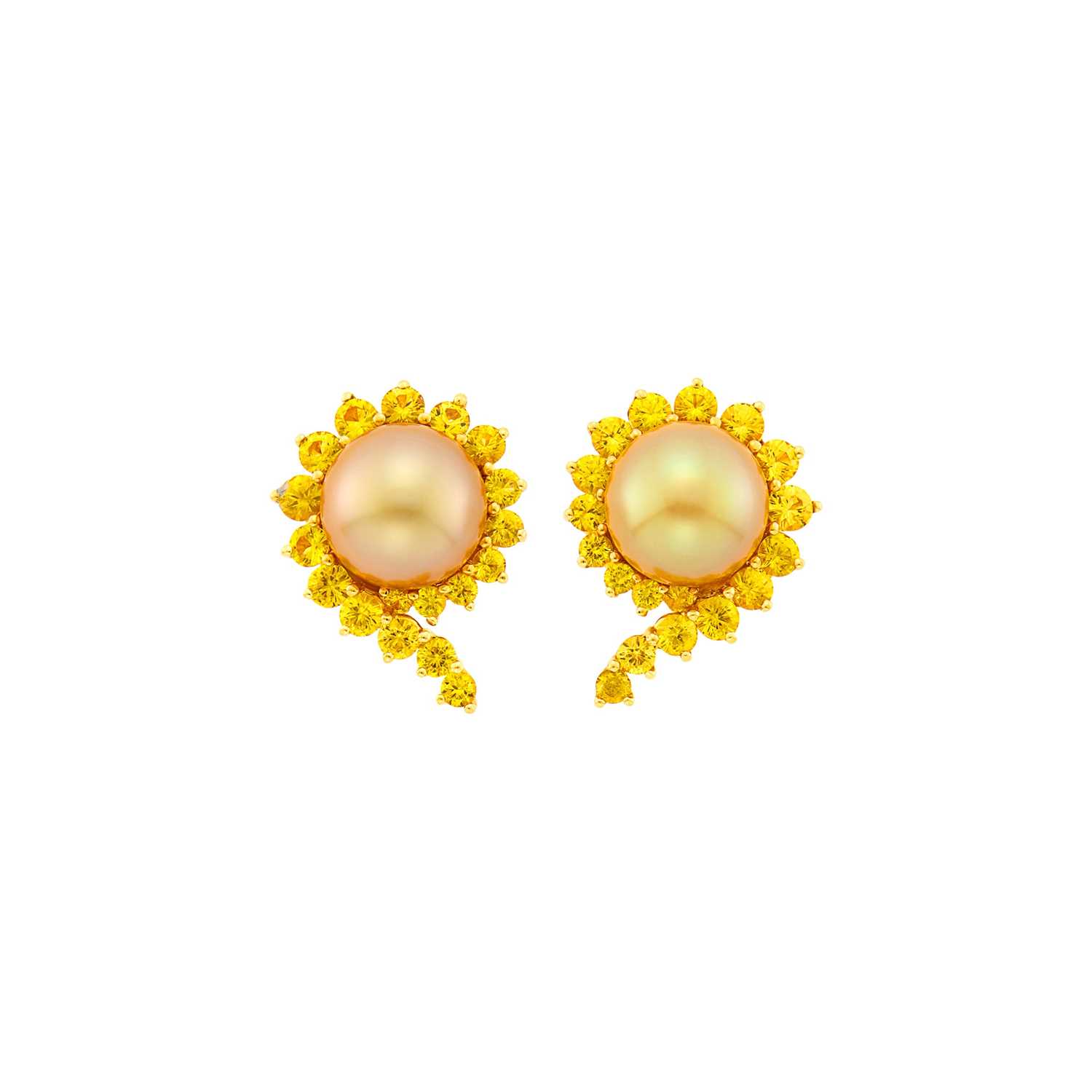 Lot 1142 - Angela Cummings for Assael Pair of Gold, Golden Cultured Pearl and Yellow Sapphire Earclips