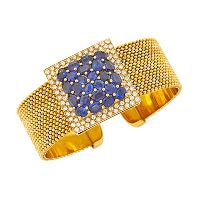 Lot 1201 - Two-Color Gold, Sapphire and Diamond Cuff Bangle Bracelet