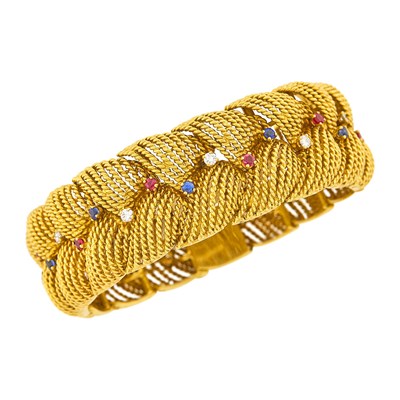 Lot 1199 - Wide Gold, Sapphire, Ruby and Diamond Bracelet